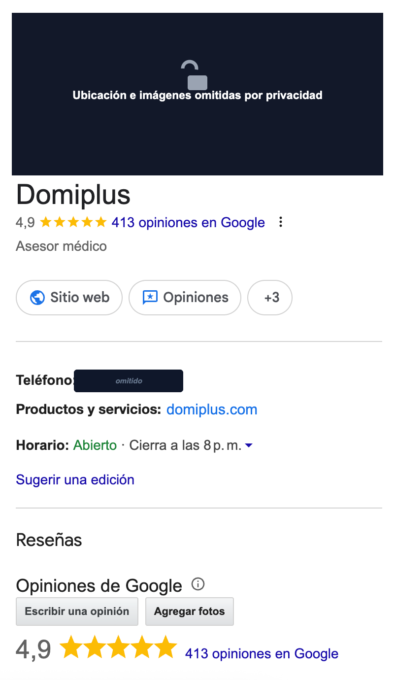 Perfil de Domiplus en Google — 4,9 estrellas, 413 opiniones